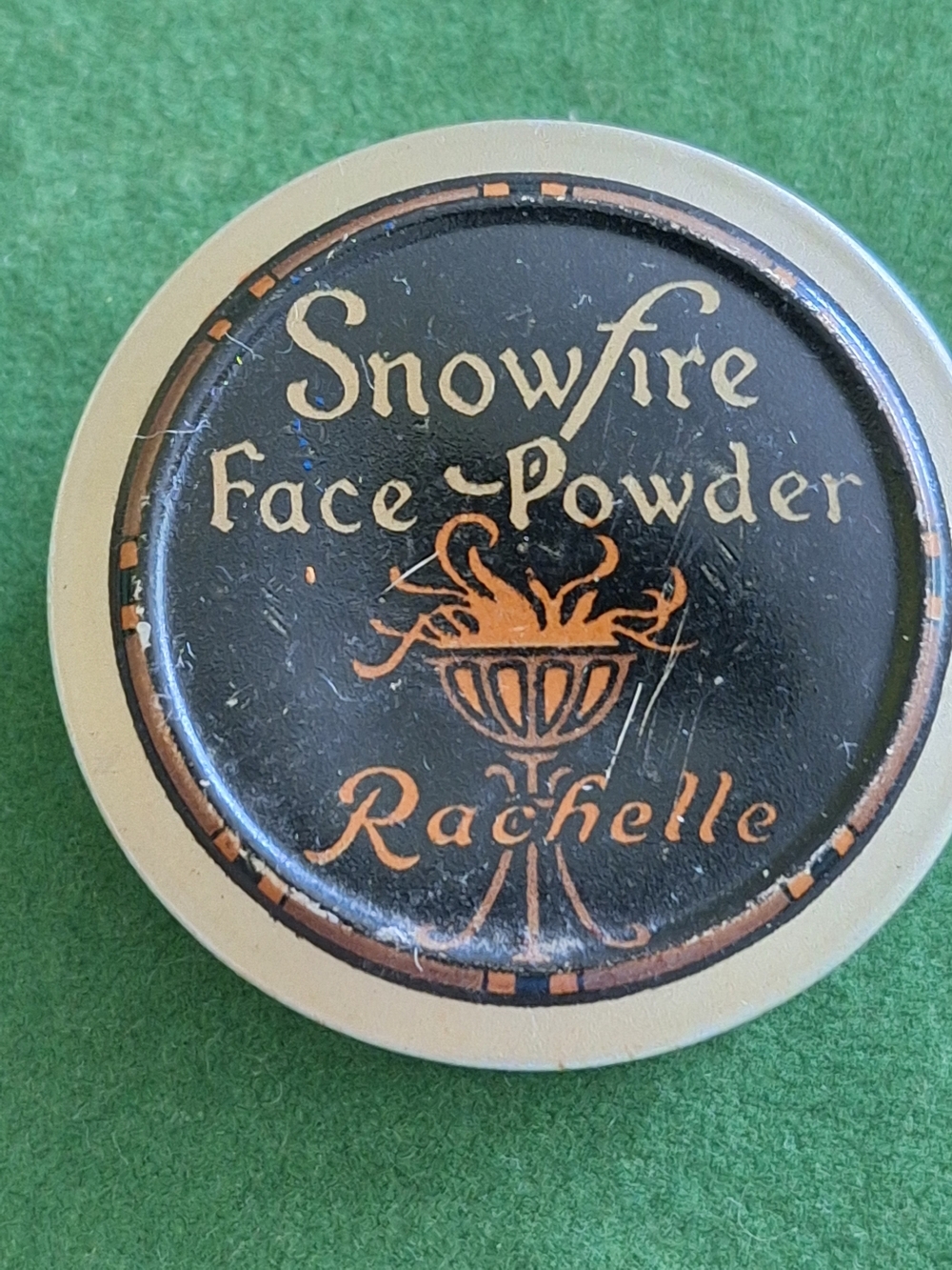 Snowfire Face Powder Rachelle Vintage Metal Tin - Black & Gold
